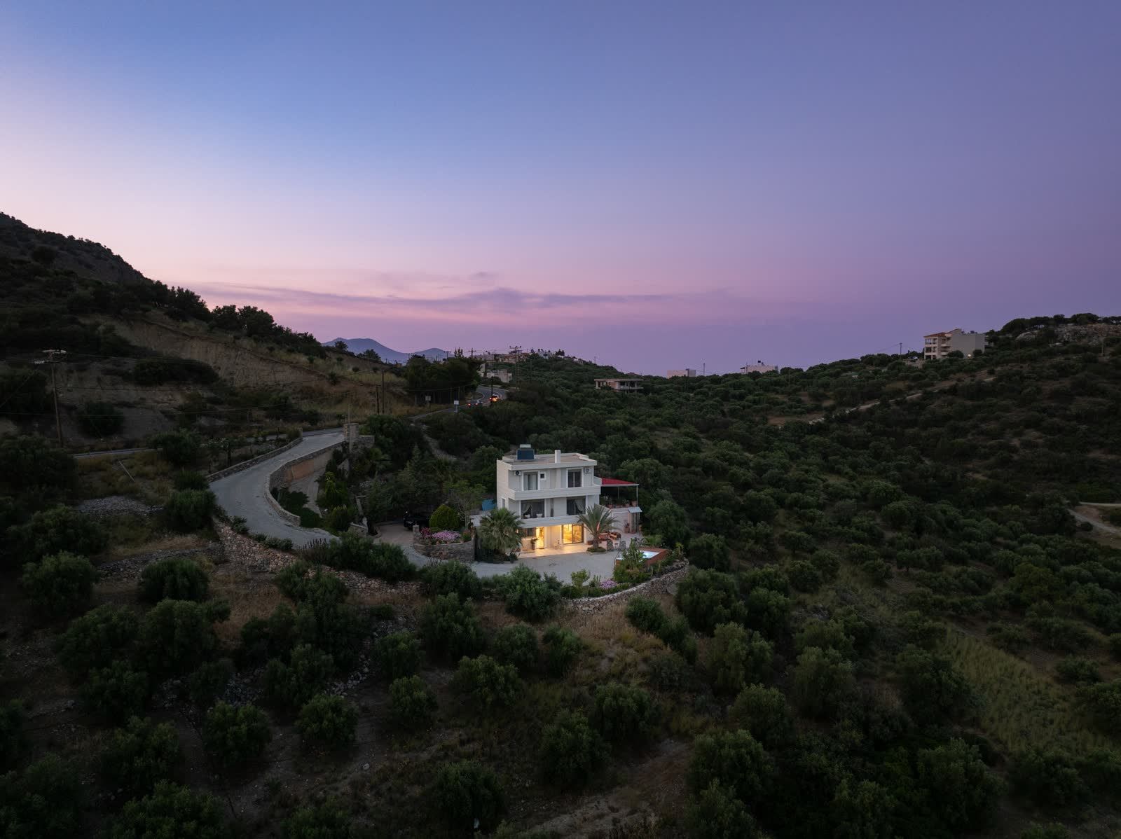 Dusk over the grove, the house lit against a violet sky