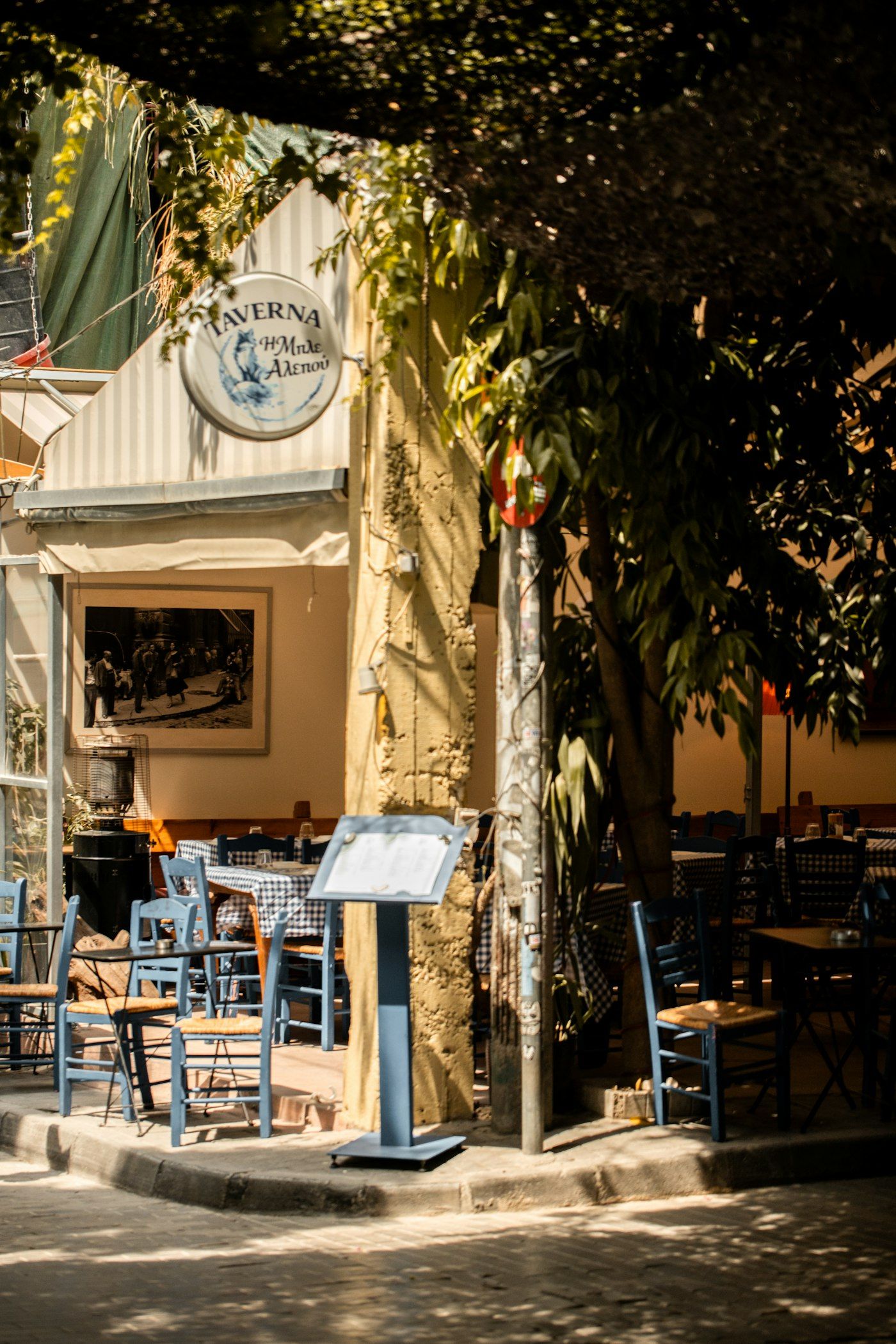 A Cretan taverna terrace with blue chairs shaded by vines