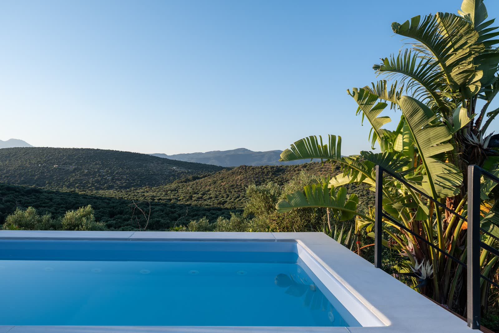 The pool edge dissolving into the olive-covered hills