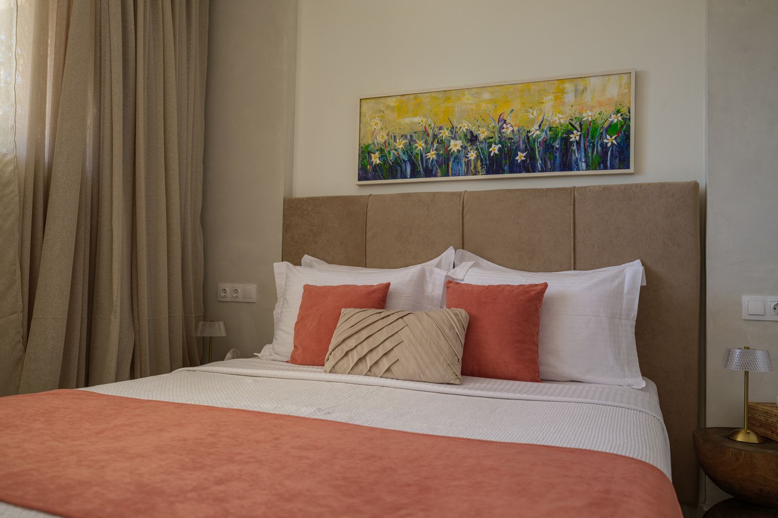 The pool bedroom — natural linen and a splash of terracotta